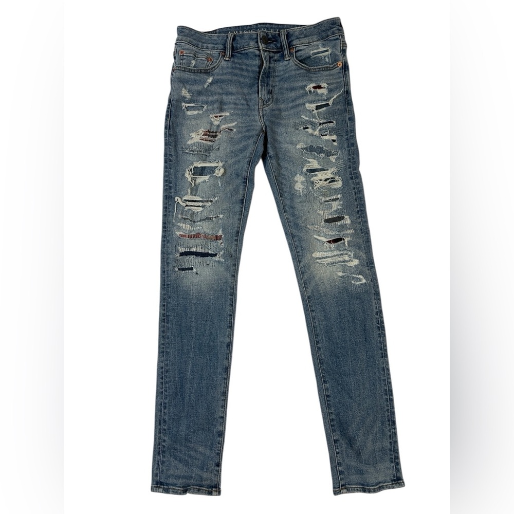 Y2K Americana Patchwork Distressed Skinny Jeans American Eagle AirFlex 360 Denim